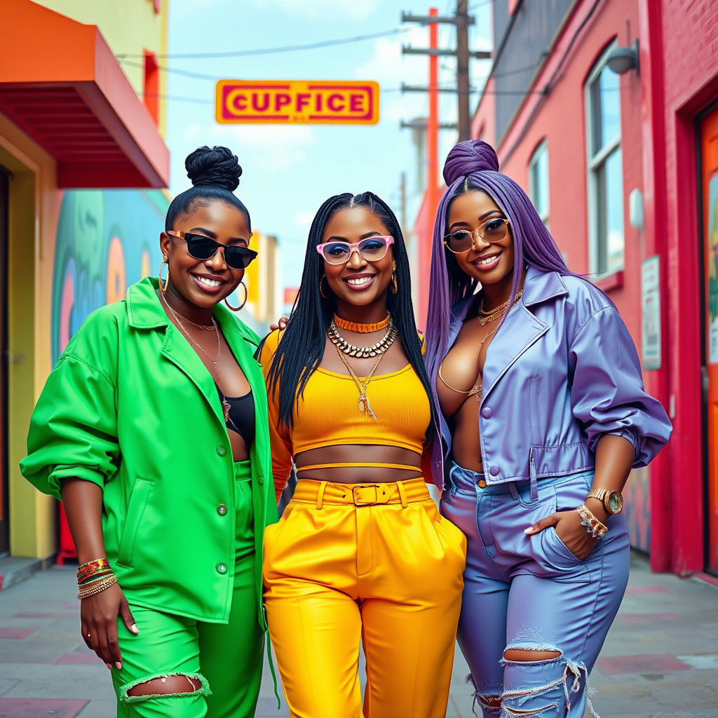 Cardi B, Ice Spice, and Nicki Minaj in Colorful Urban Style