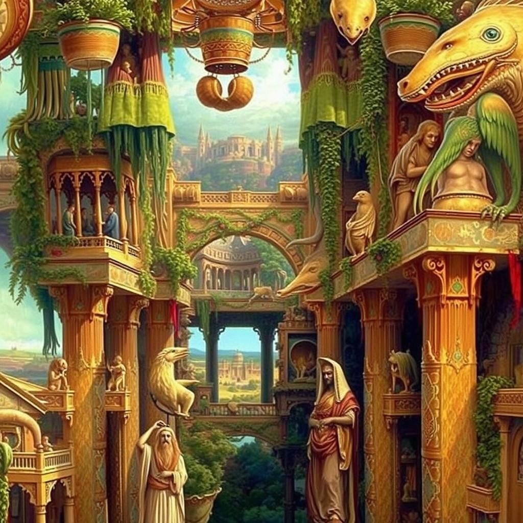 Hanging Gardens of Babylon: Pre-Raphaelite Oil Painting