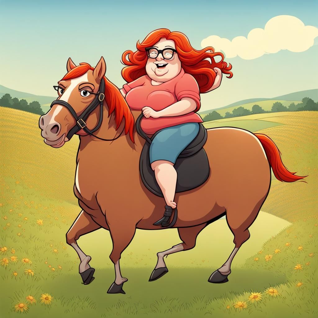 Cartoon Woman Rides Horse in Field