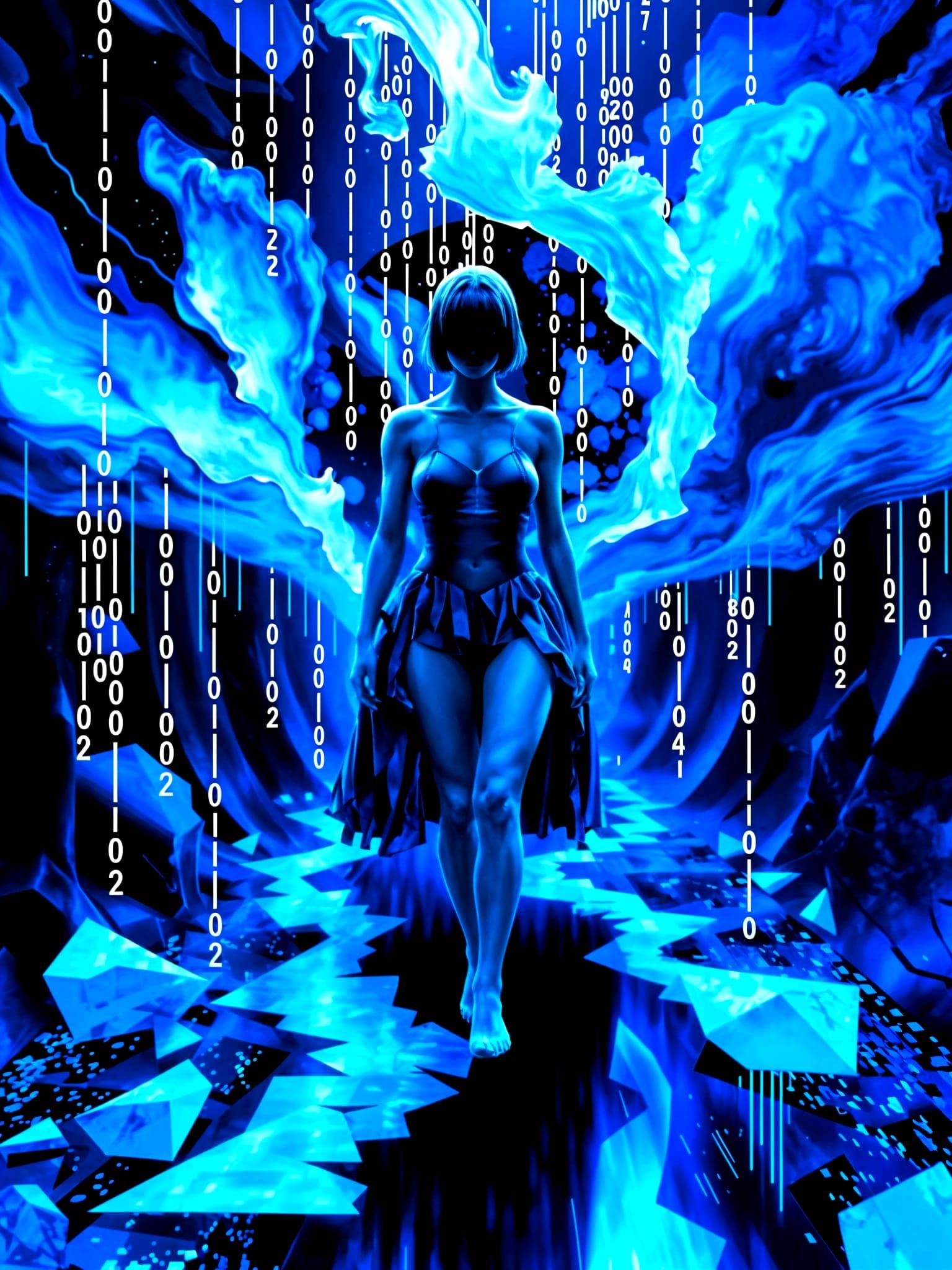 Ethereal Glitch Art: Faceless Figure in Luminous Binary Code