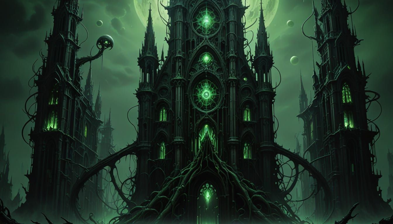 Grimdark Biomechanical Horror in a Decaying Gothic Cathedral