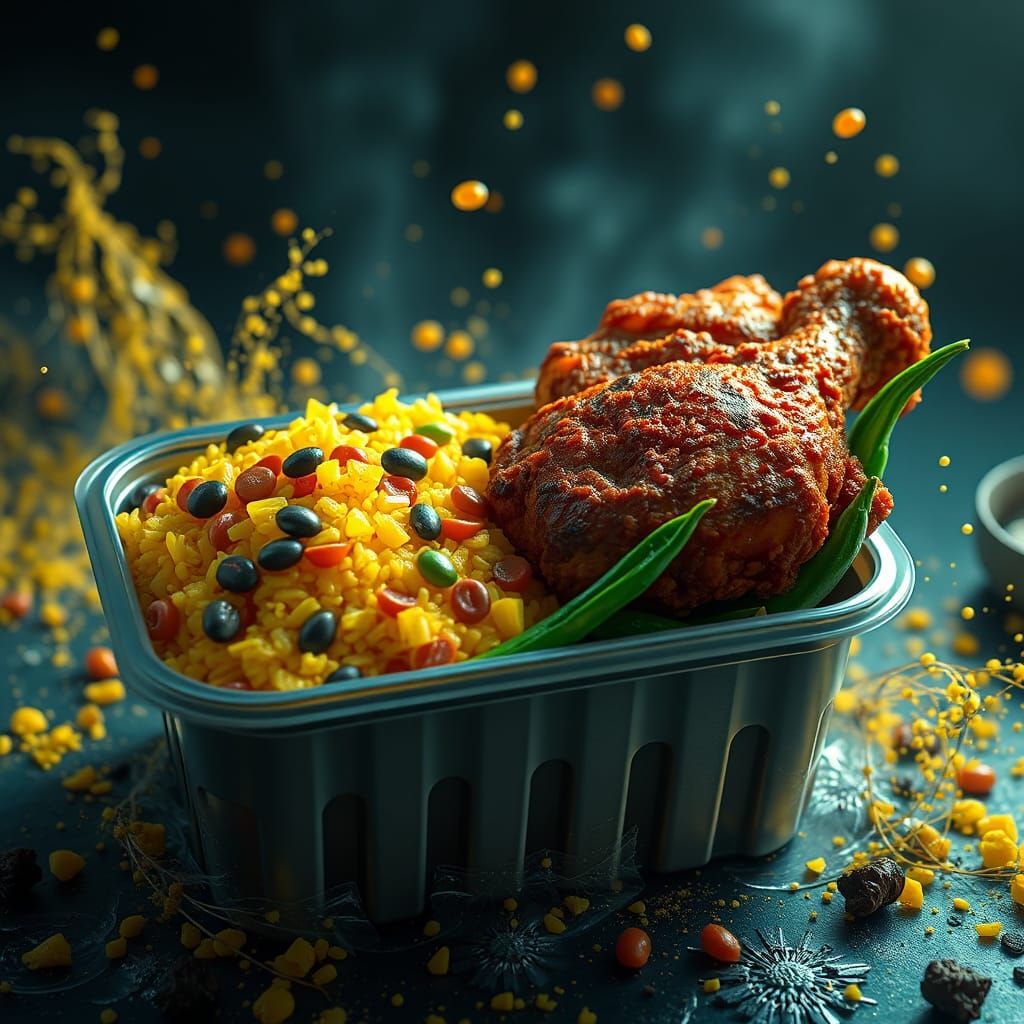 Takeout Container with Chicken, Rice and Beans