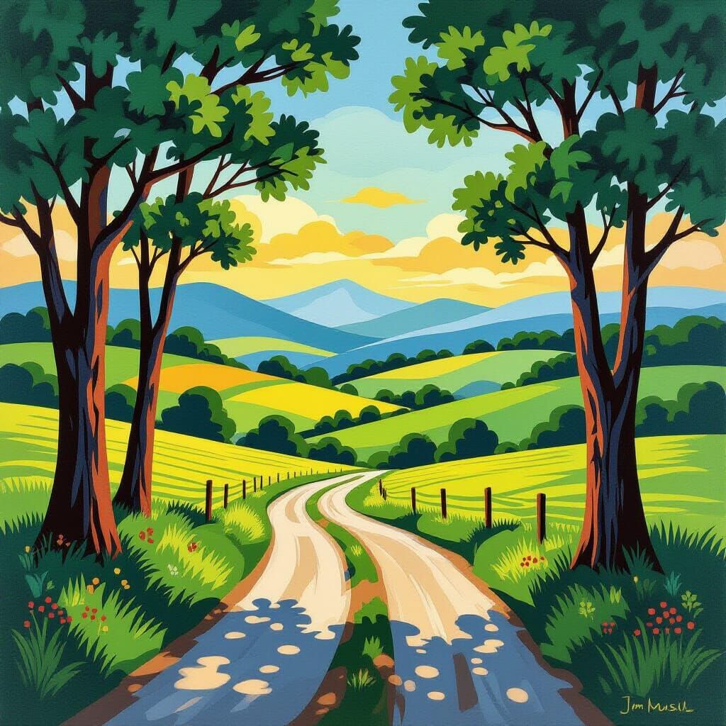 Countryside Landscape in Acrylic Linocut Style