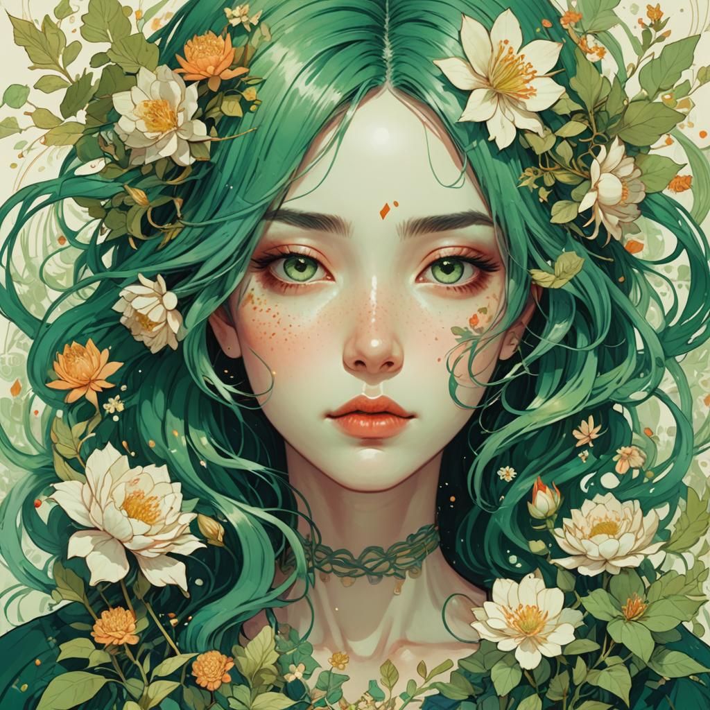Anime Green-Haired Woman with Flowers, Detailed Artwork