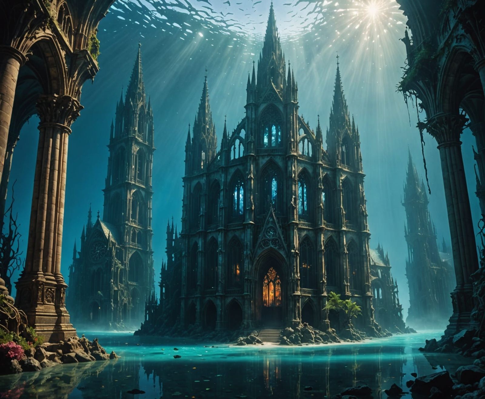 Submerged gothic cathedral, coral-encrusted spires