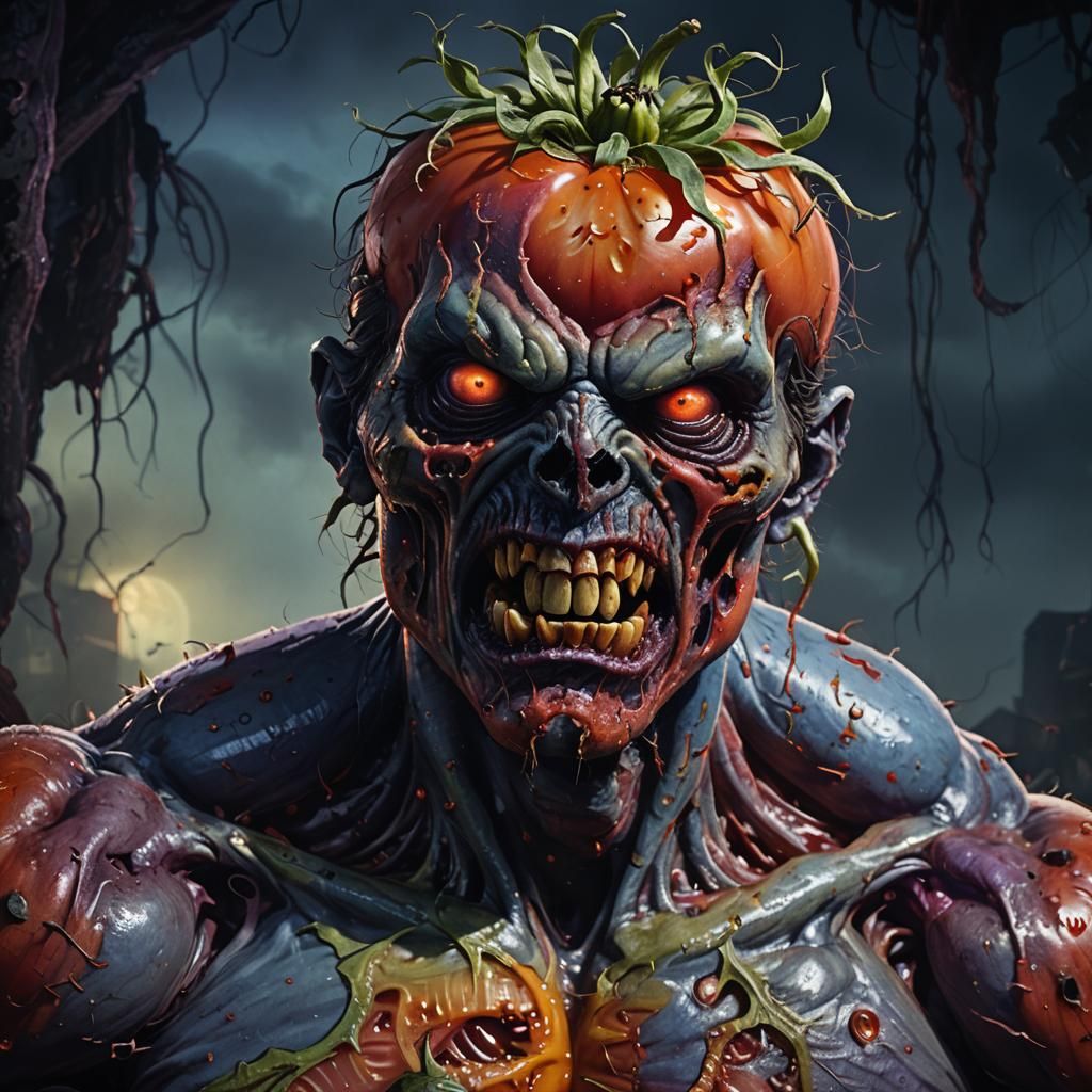 full body An Anime masterpiece muscular Zombie tomato.