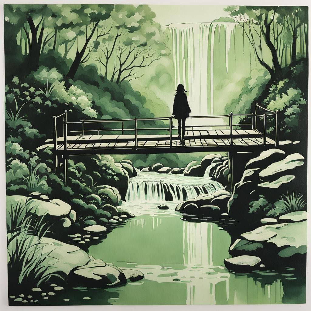 Girl Gazing at Waterfall in Liquid Ink