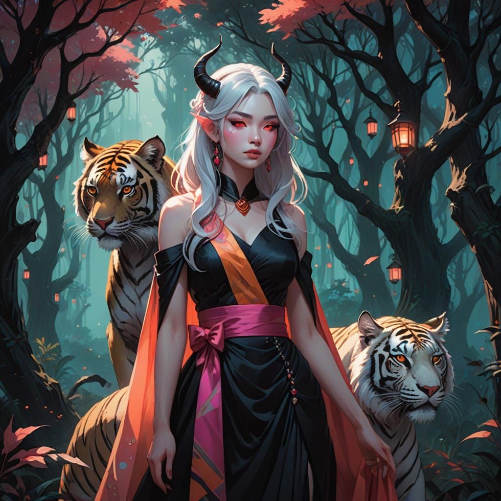 Mystical Demon Girl and Tiger in Moonlit Forest