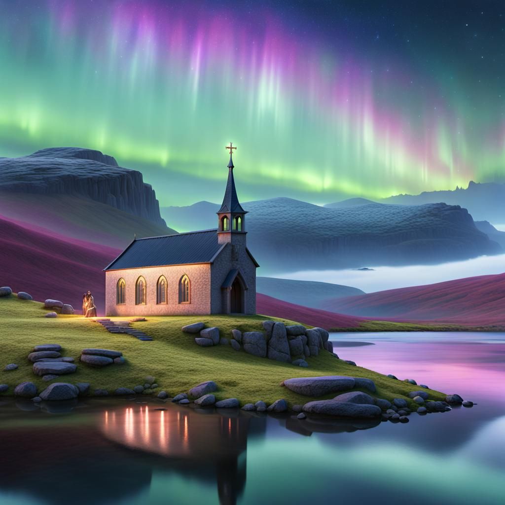 Chapel Under Aurora Borealis in Fantasy Art Style