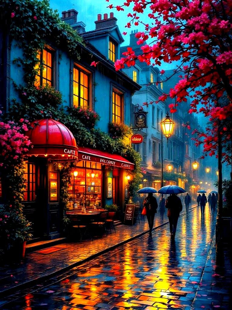 Rainy European Alleyway with Vibrant Reflections as Impasto ...