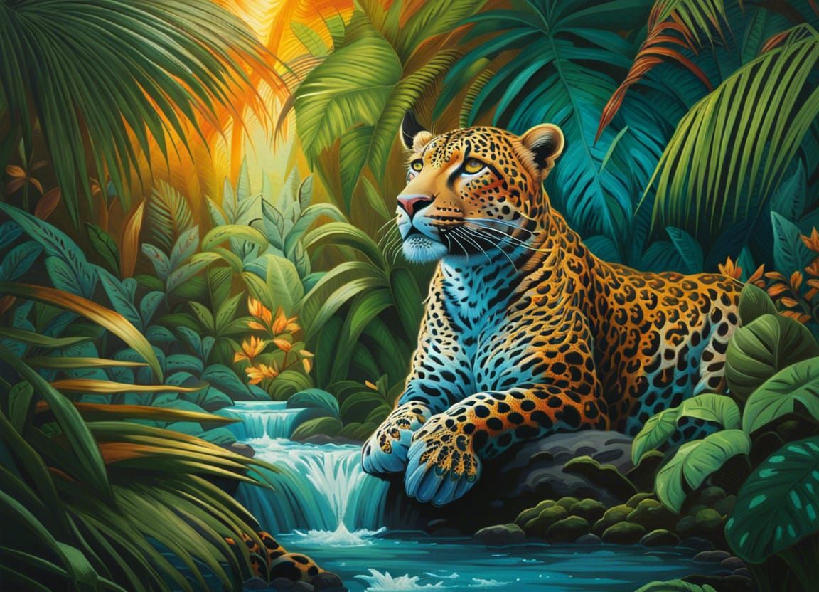 Leopard in Palm Oasis with Tribal Art Style