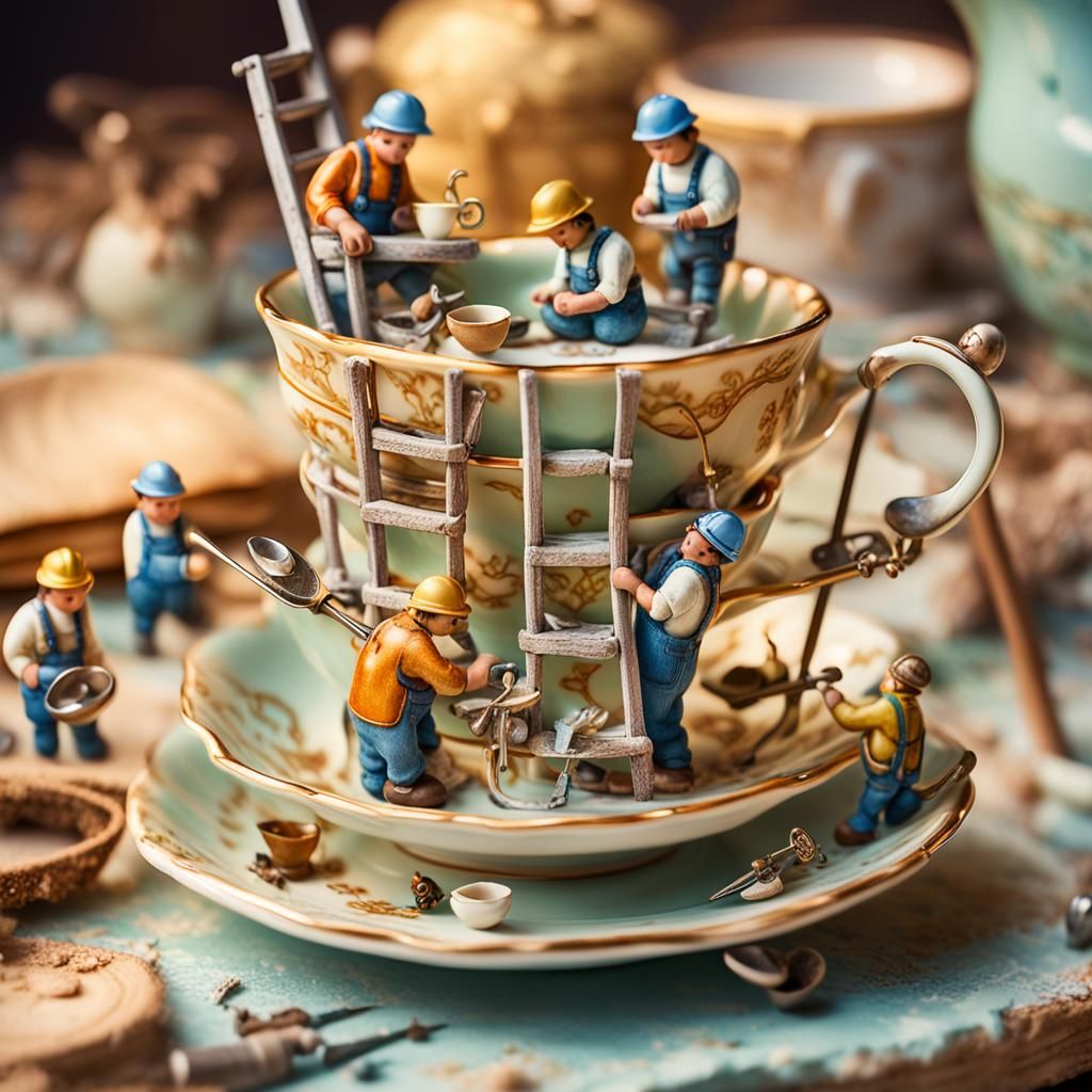 Miniature Workers Repairing Teacup: Whimsical Fantasy Art