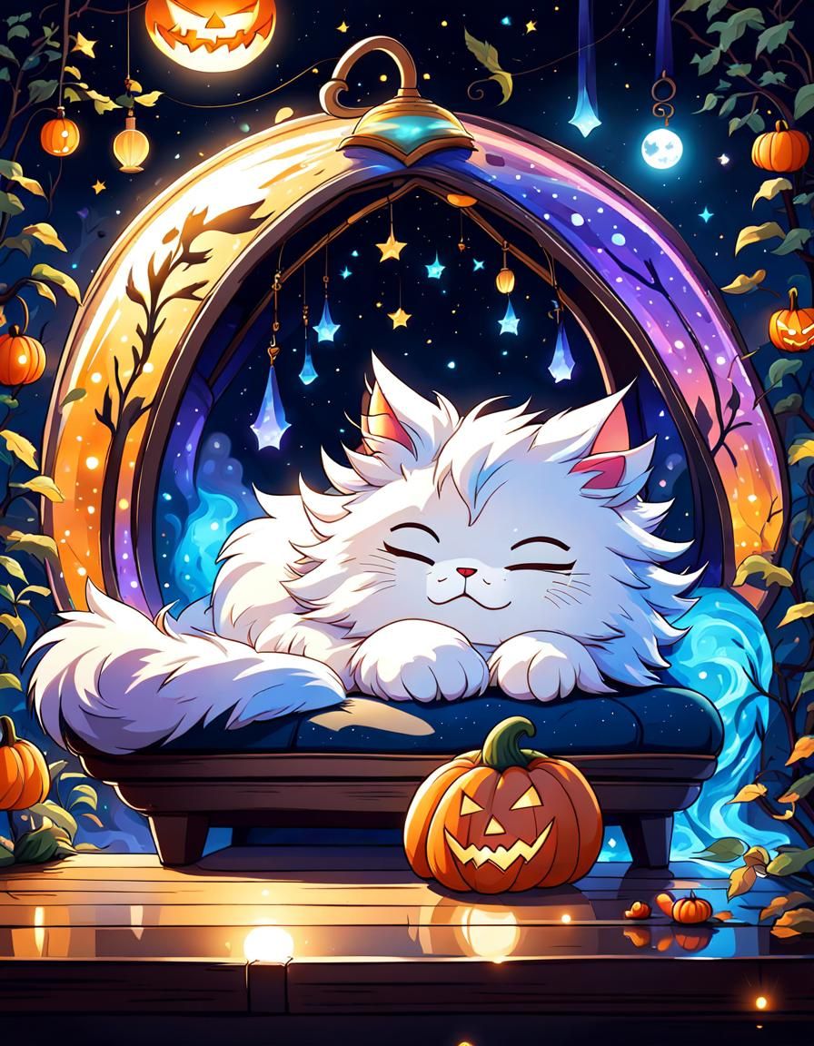 Monster Cat Sleeping: Anime Digital Illustration
