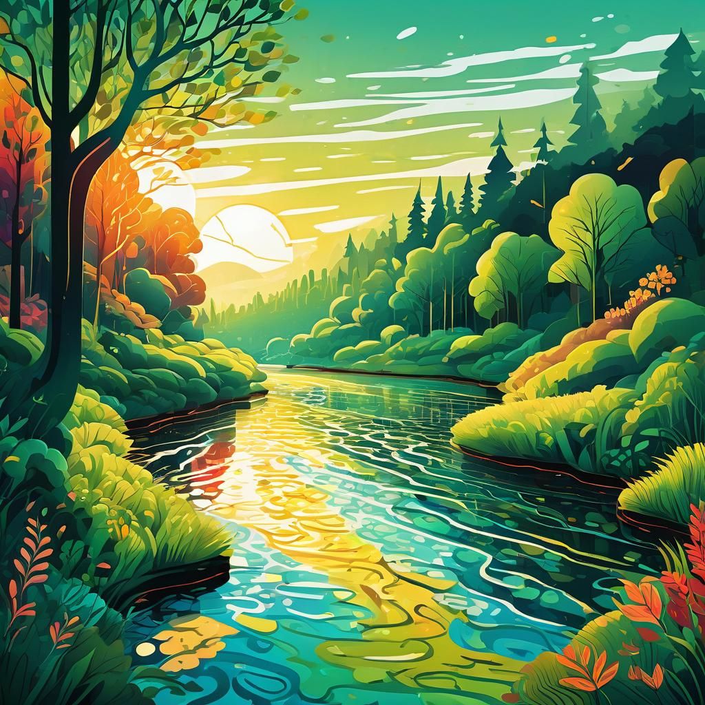 Sunlit River: Colorful Stylized Illustration