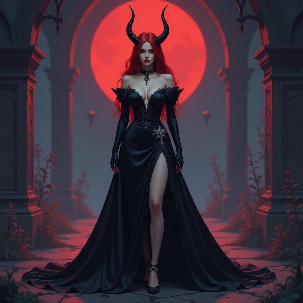 Red Succubus in Mystical Realm, Gothic Elegance