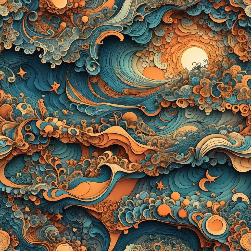 Abstract Sunset Beach with Fractal Vector Design