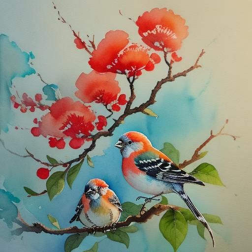 Finches in Nest: Chinese Ink and Watercolor Art
