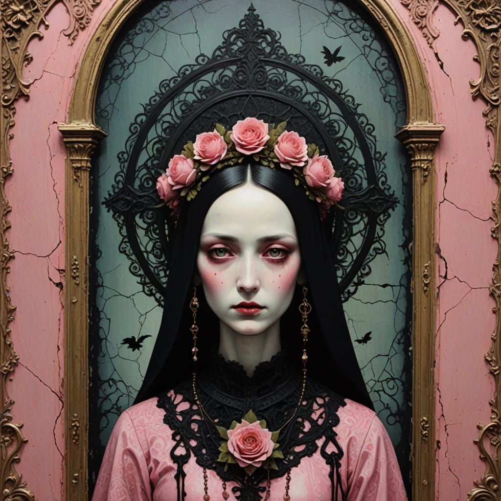 Gothic Pink Luminous Collage of a Holy Woman in Elegy