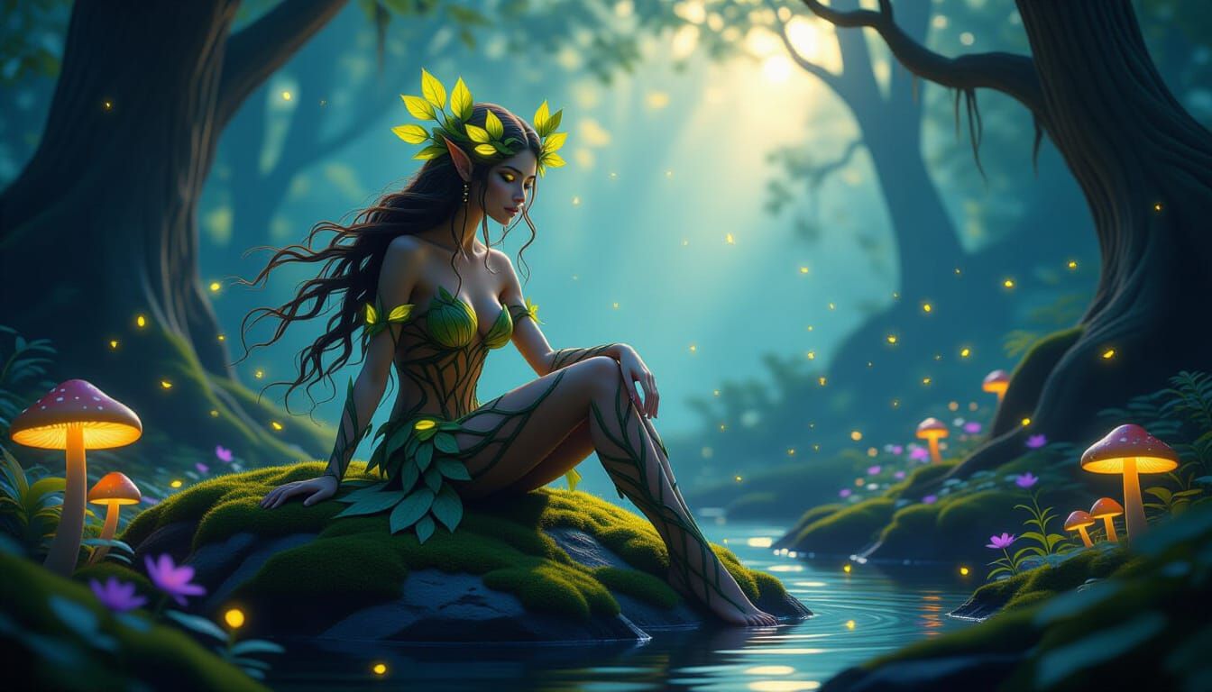 Bioluminescent Forest Dryad in Art Nouveau Style