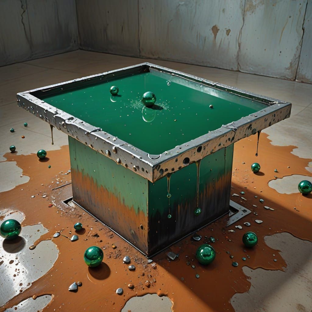 Abandoned Metallic Bar in Lush Grassland with Paint Droplets