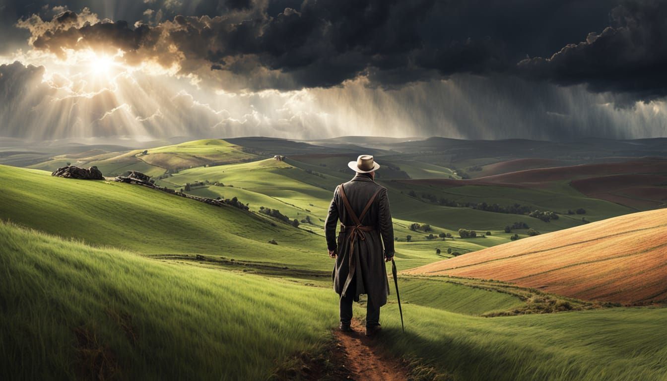Resilient Farmer Gazes at Stormy Sky Concept Art
