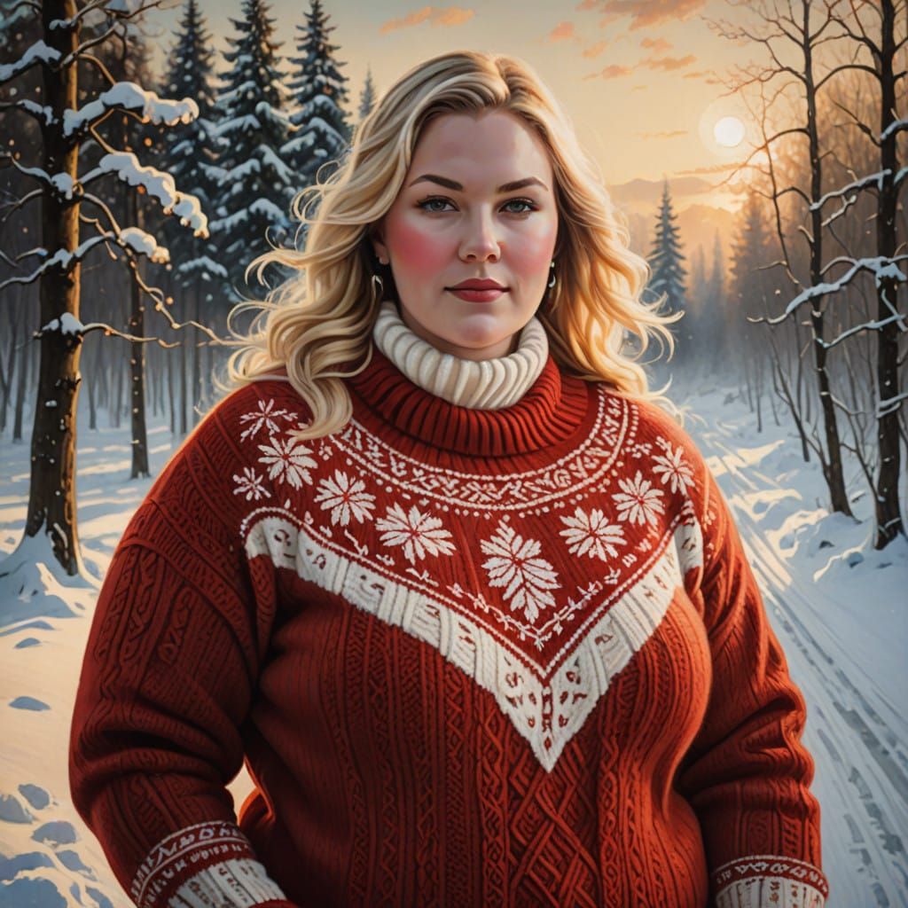 Warm Winter Portrait of a Beautiful Plus-Sized Woman in a Kn...