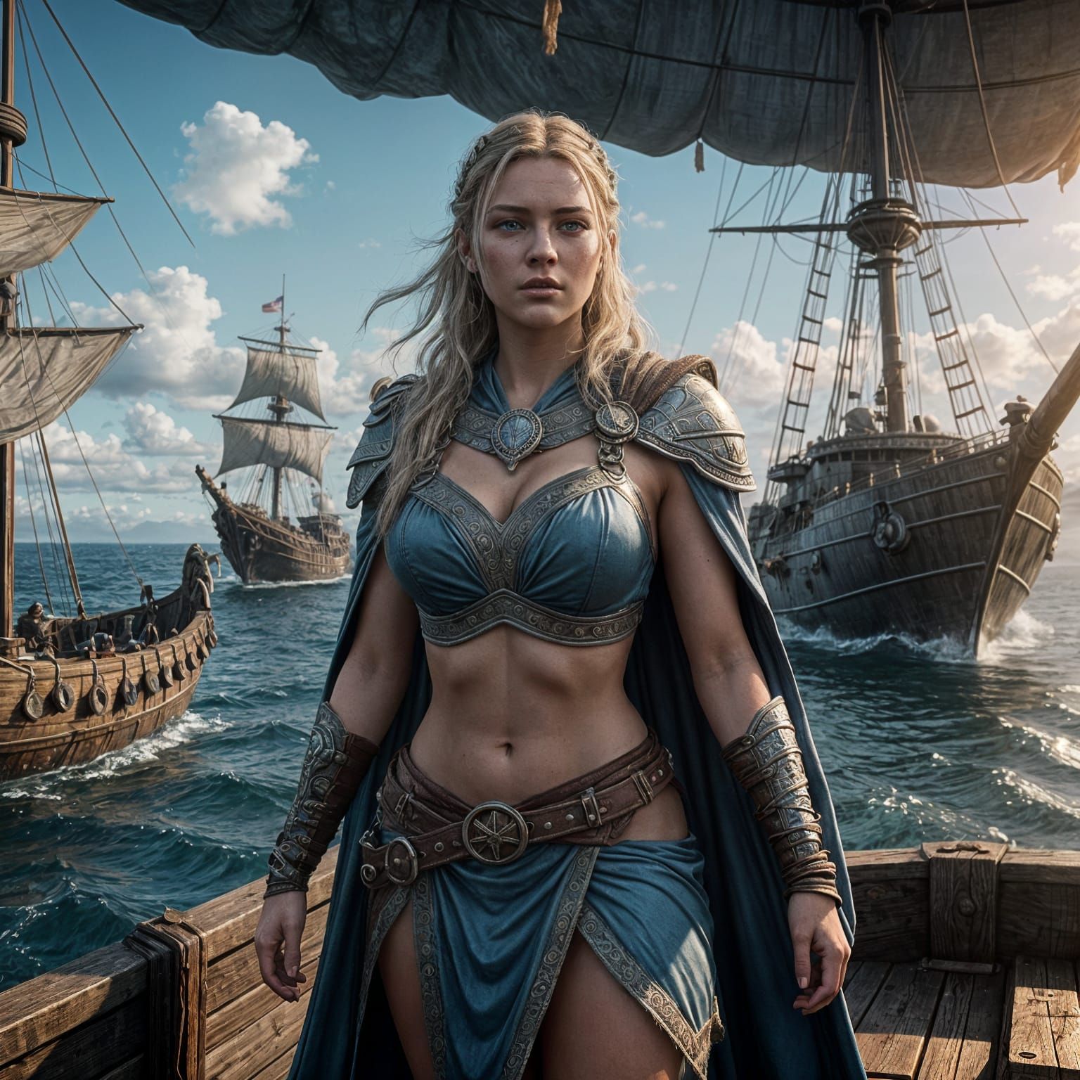 Viking Valkyrie in Warrior's Regalia, Standing on a Warship....