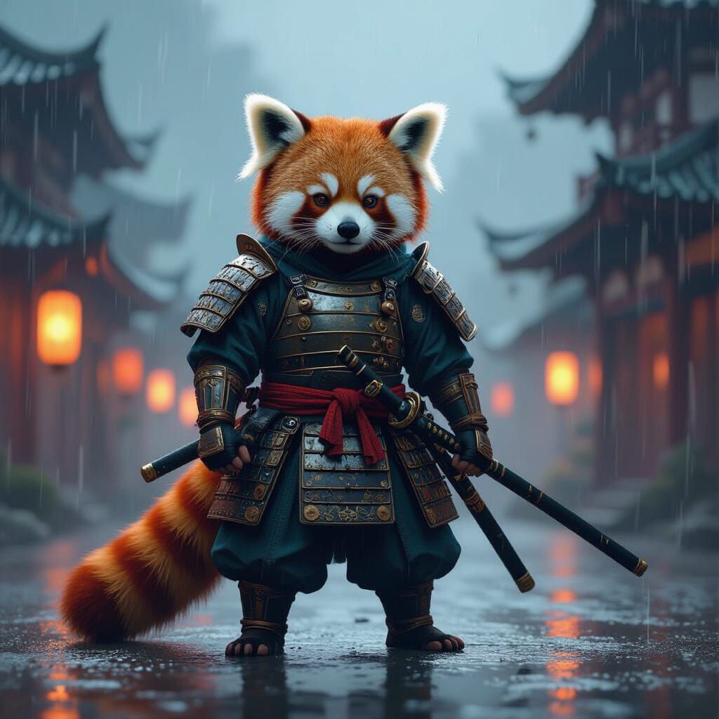 Red Panda Samurai Master in Dramatic Rain