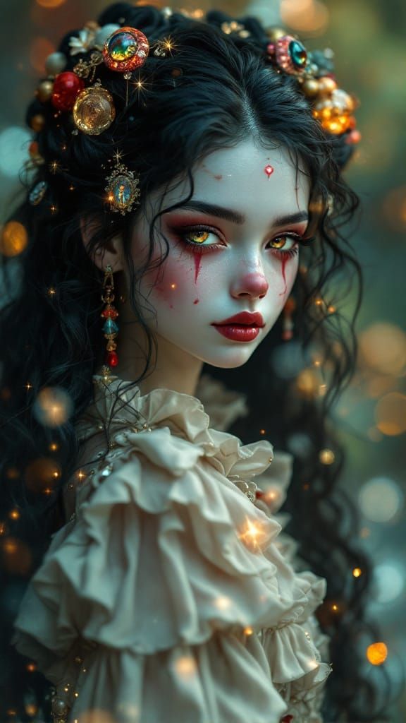 Pierrot Clown Girl Portrait in Dreamlike World