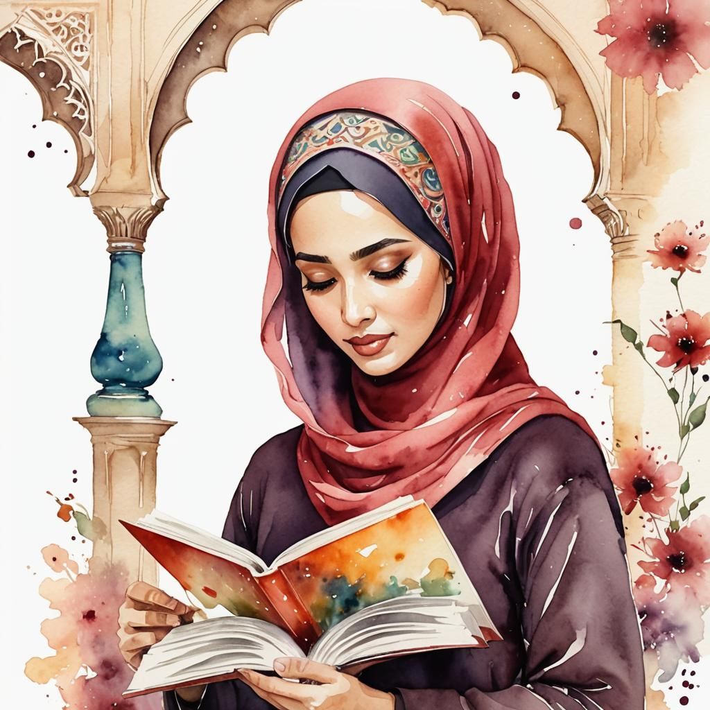 Girl in Hijab Reads Book in a Flowy Watercolor Scene
