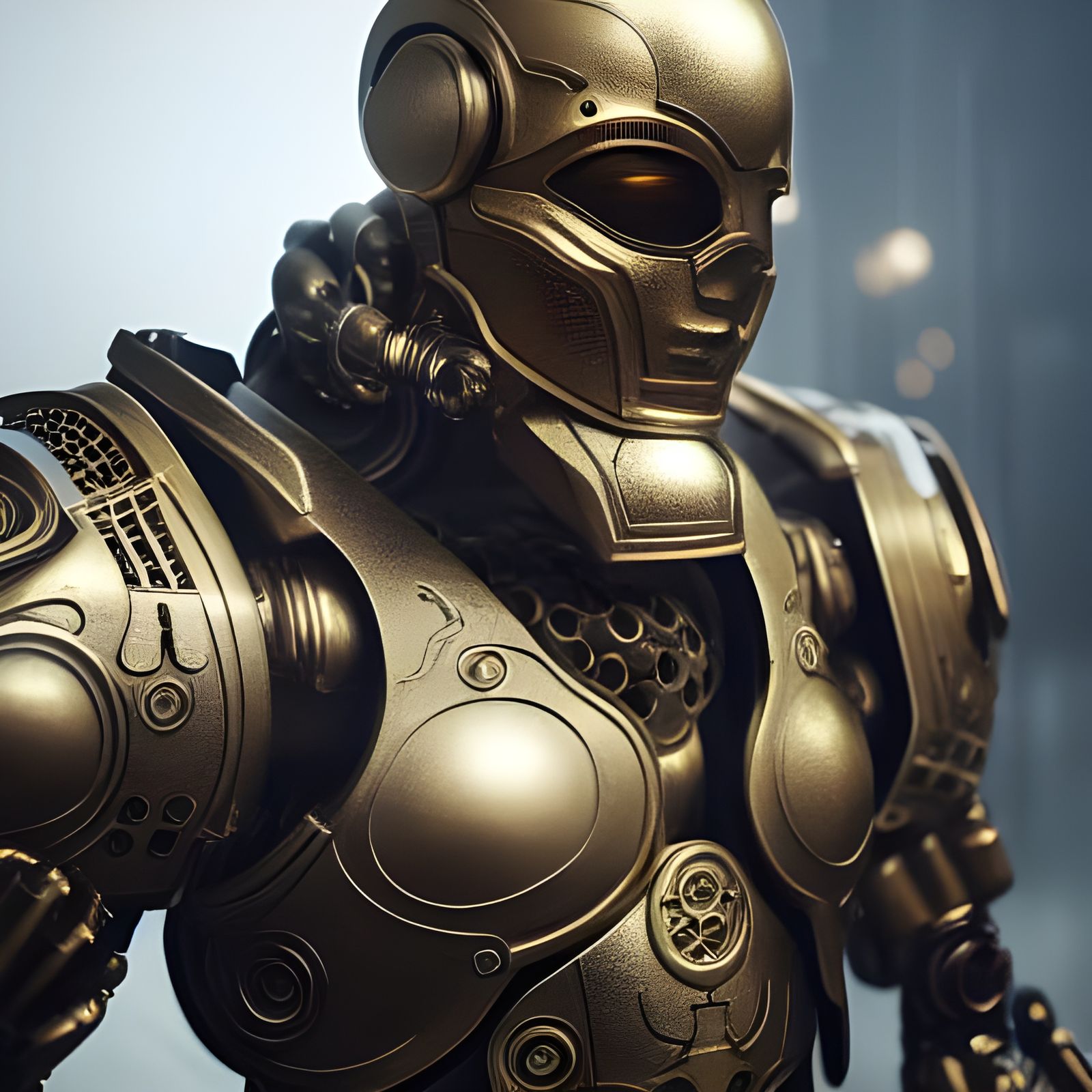 Cyborg in Brass Armor with Intricate Metal Design