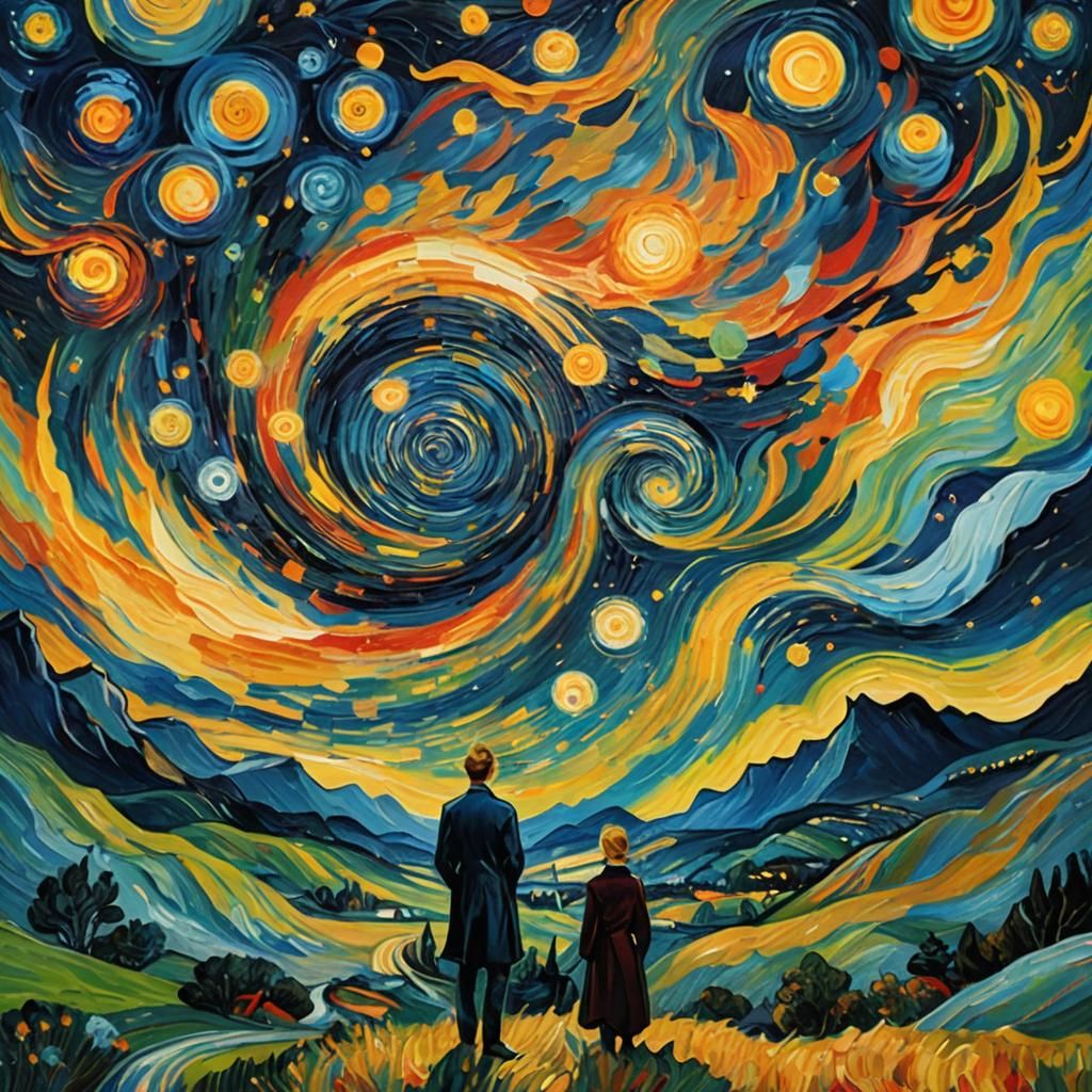 Expressionist Painting of Figure Under Starry Night