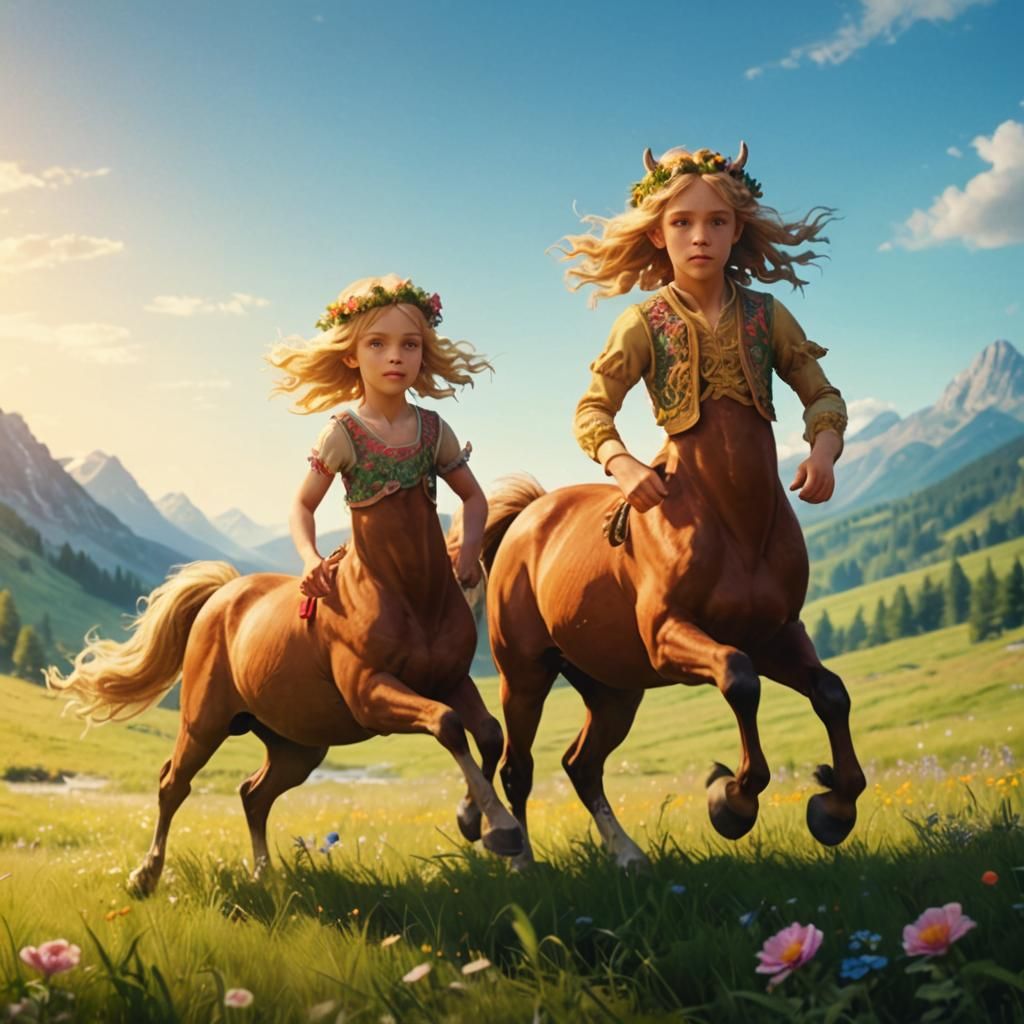 Centaurs Gallop in Flowery Meadow: Golden Hour Film Still