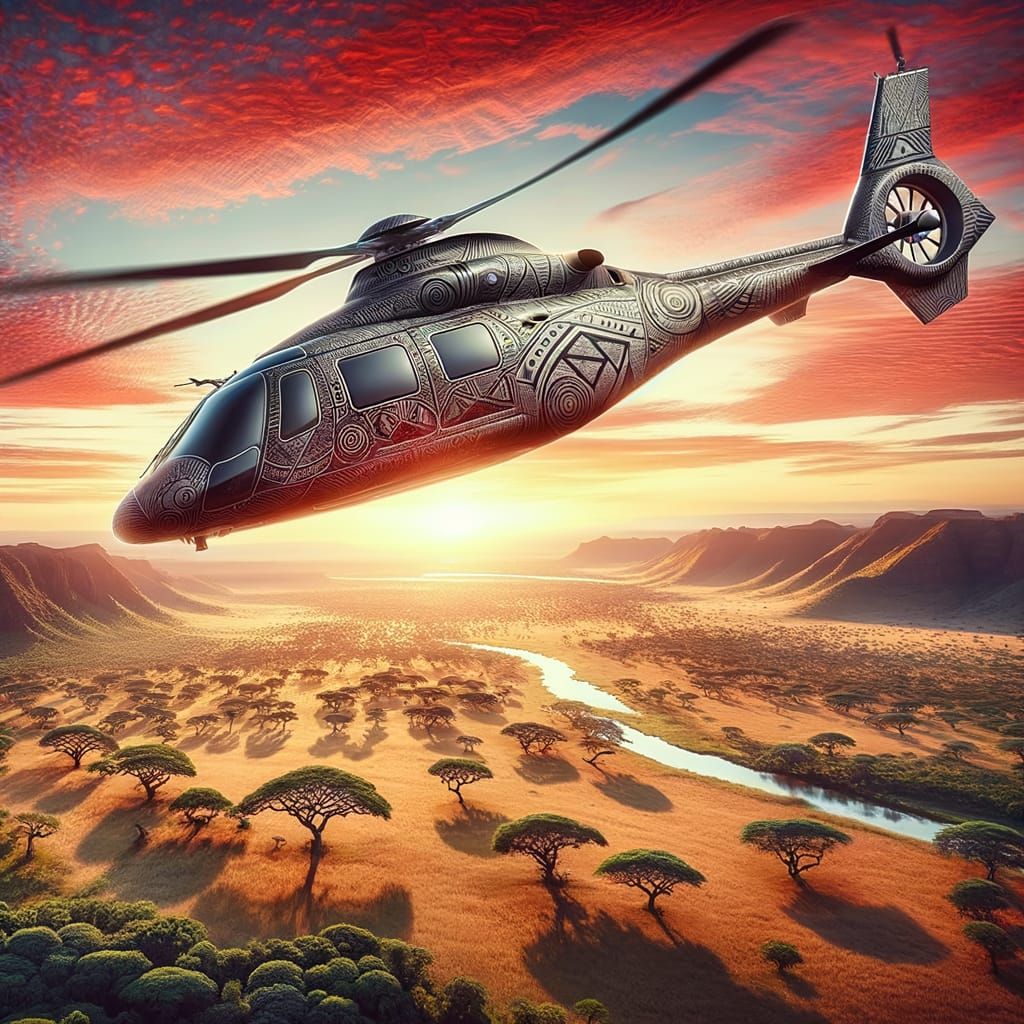Helicopter Soaring Over African Savannah at Sunset