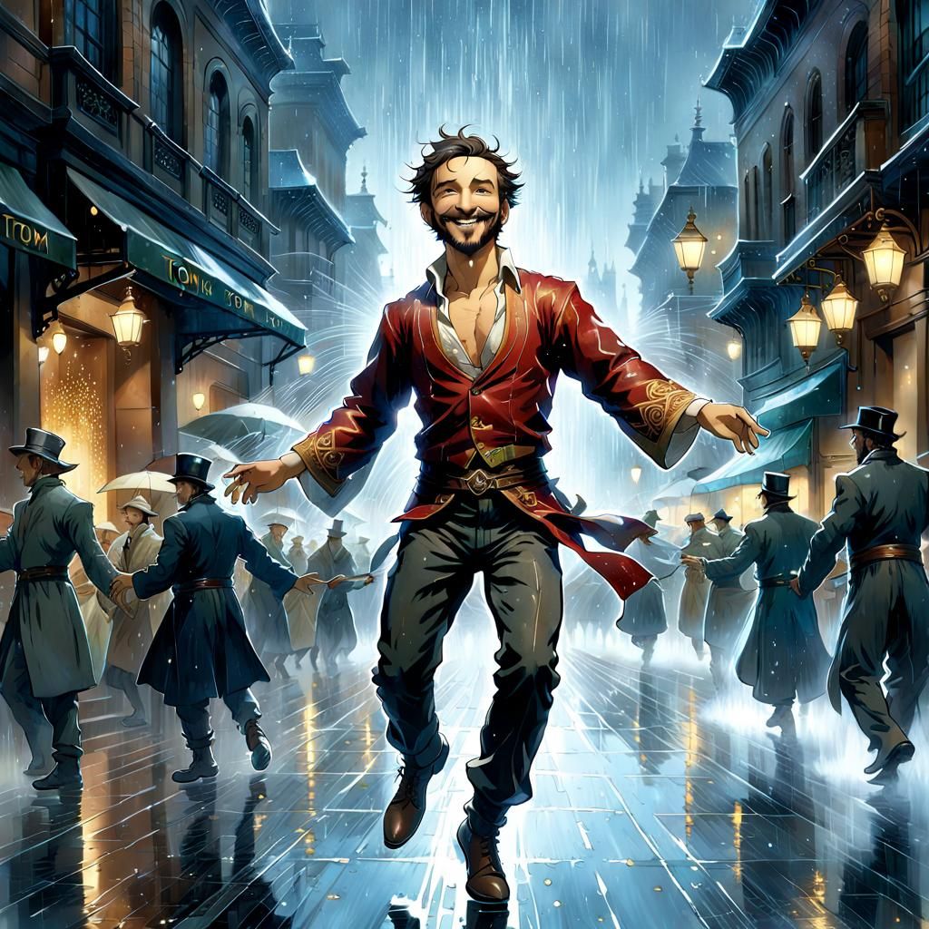 Joyful Man Dancing in Rainy City, Digital Art