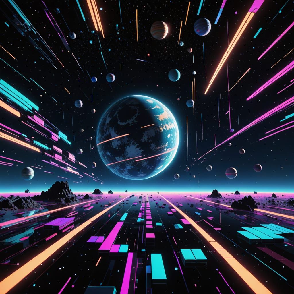 Glitchcore Space Scene with Digital Artifacts