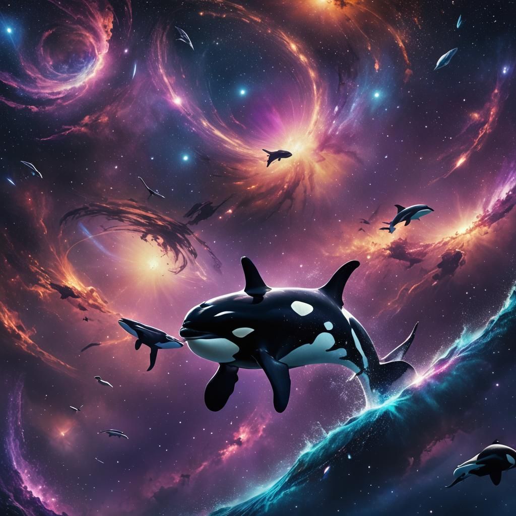 Orcas Dance in a Swirling Galaxy: Space Art