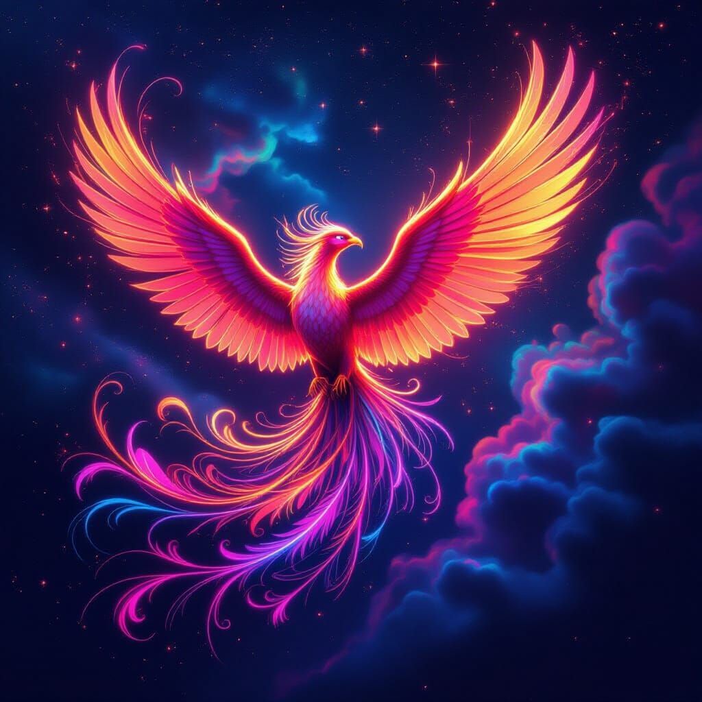 Neon Phoenix Soaring Through a Galaxy
