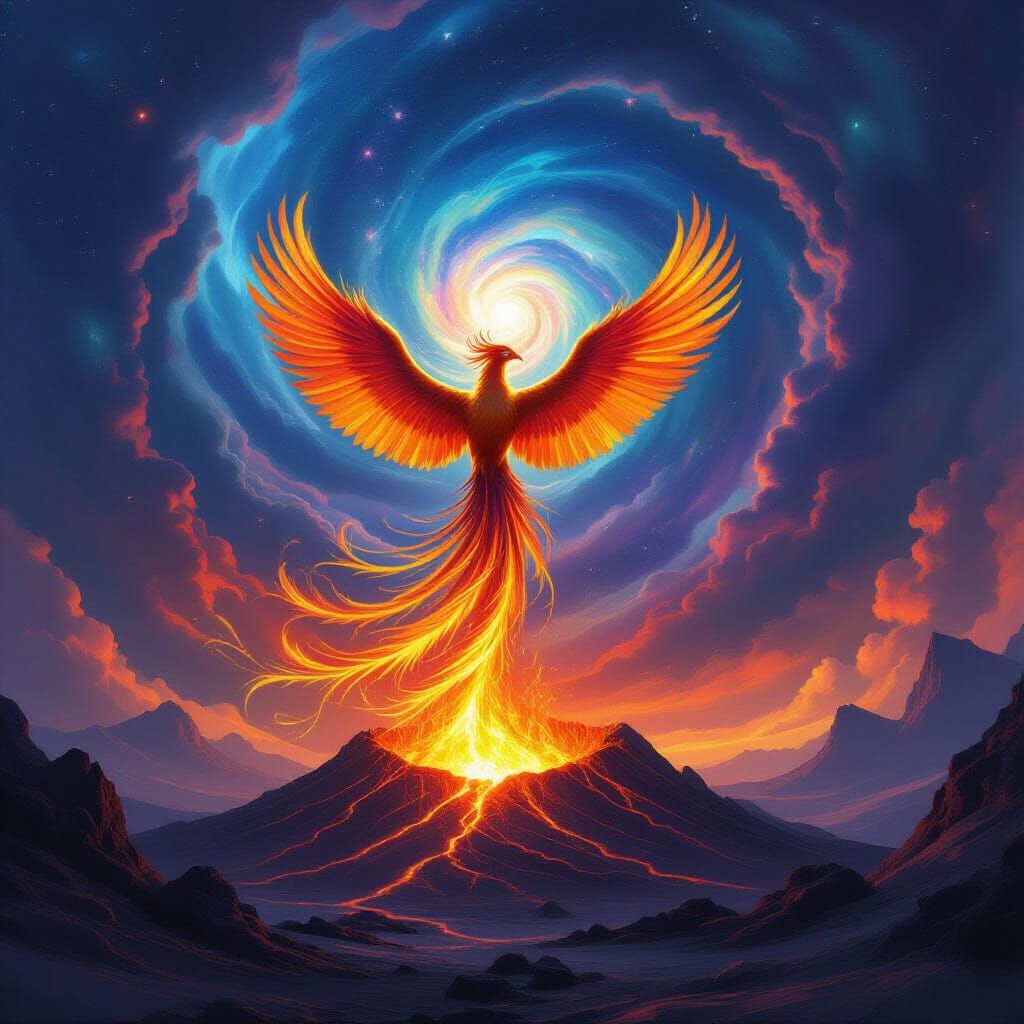 Majestic Phoenix Ascends from Nebula Crater in Epic Fantasy ...