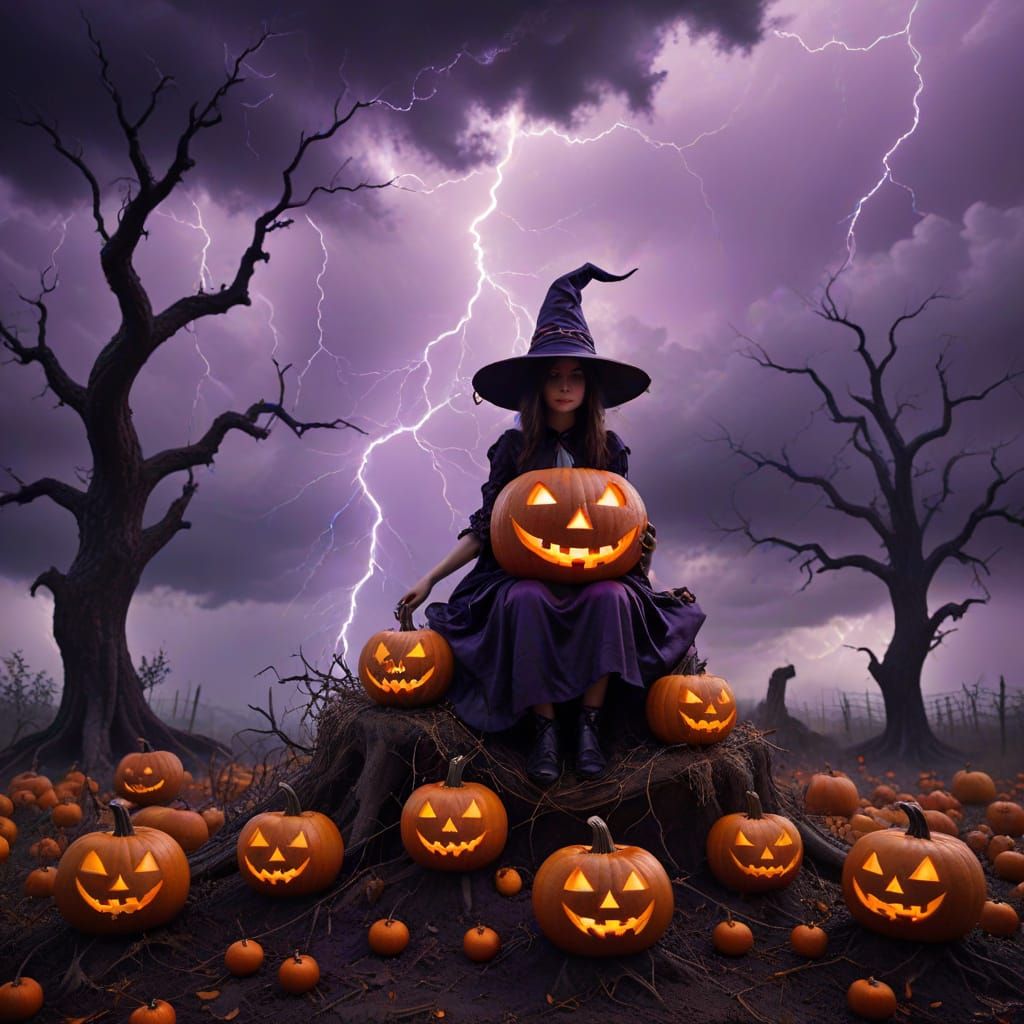 Witch Girl on Giant Glowing Jack-o'-Lantern in Surreal Hallo...
