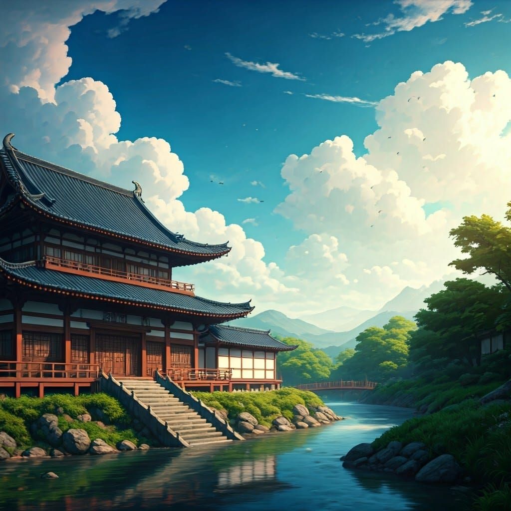 Traditional Japanese Building in a Serene, Idyllic Landscape...