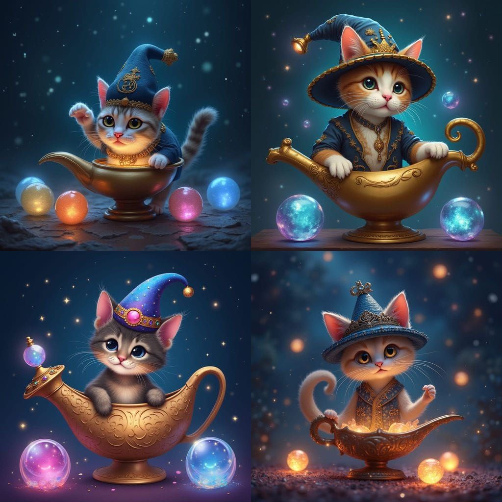 Whimsical Cat Genie Surrounded by Glowing Crystal Orbs in a ...