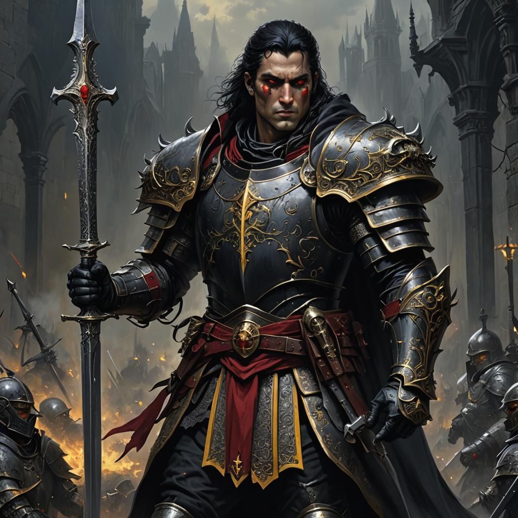Gothic Dhampir Paladin in Black Armor with Spear
