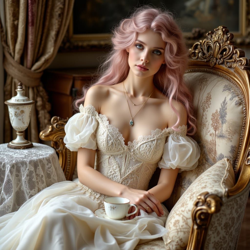 Pink-Haired Woman on Rococo Sofa, in Rococo Style