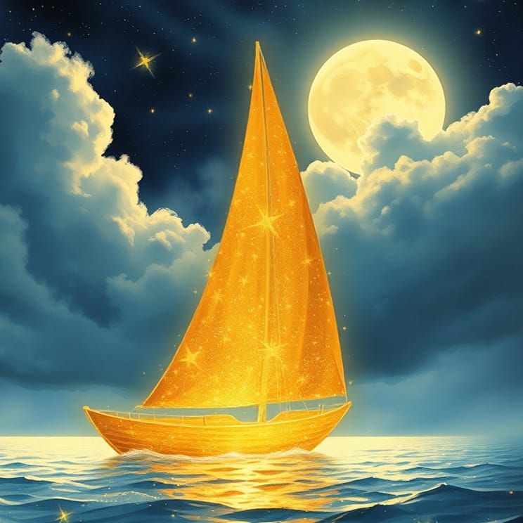 Golden Starlight Sailboat on Mystic Seas
