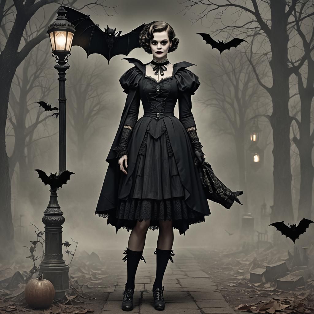 Gothic Librarian with Bat Wings in Eerie Landscape