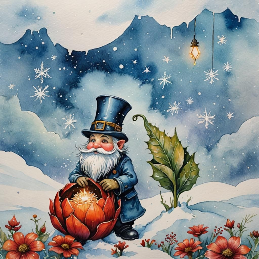 Steampunk Gnome and Winter Flower in Watercolor