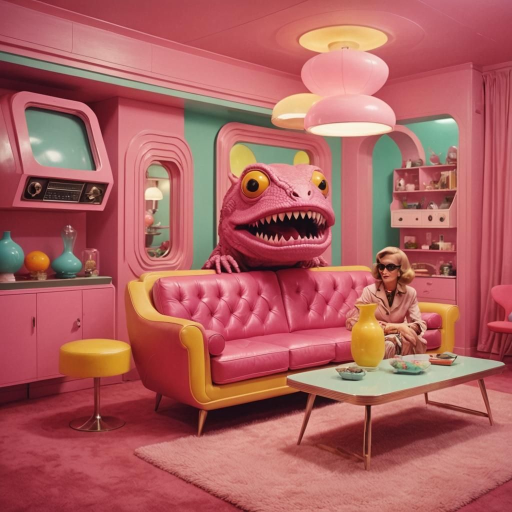 Liminal Retro Living Room with Strange Creature