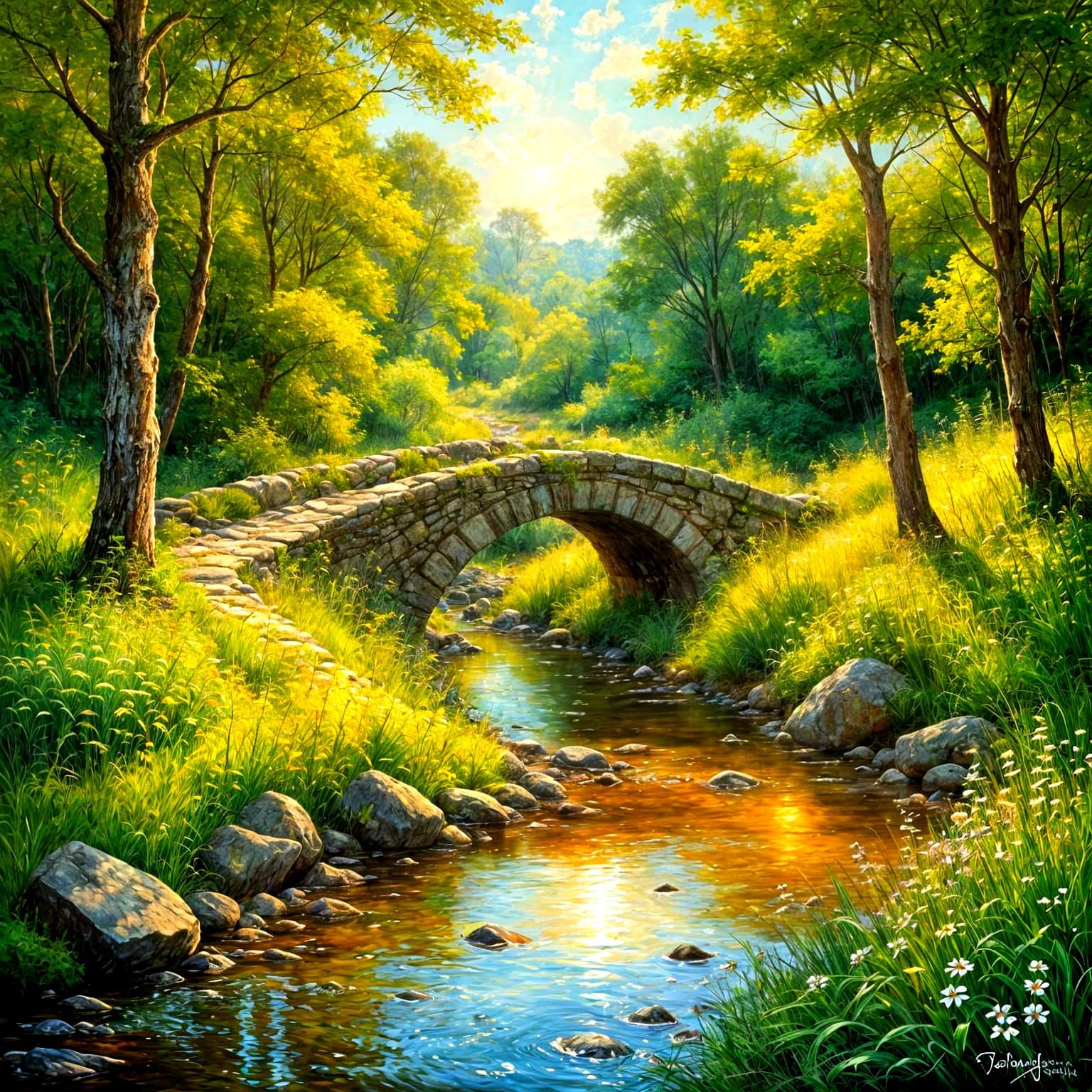 Classical Landscape Oil Painting of Forest and Stone Bridge