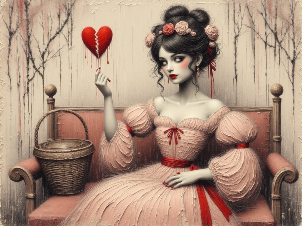 Sad Woman Mends Broken Heart with Needle and Thread